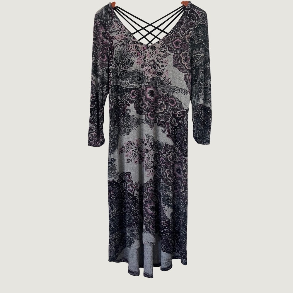 One World Grey Purple Paisley Strappy Back High Low Grunge Goth Midi Dress M